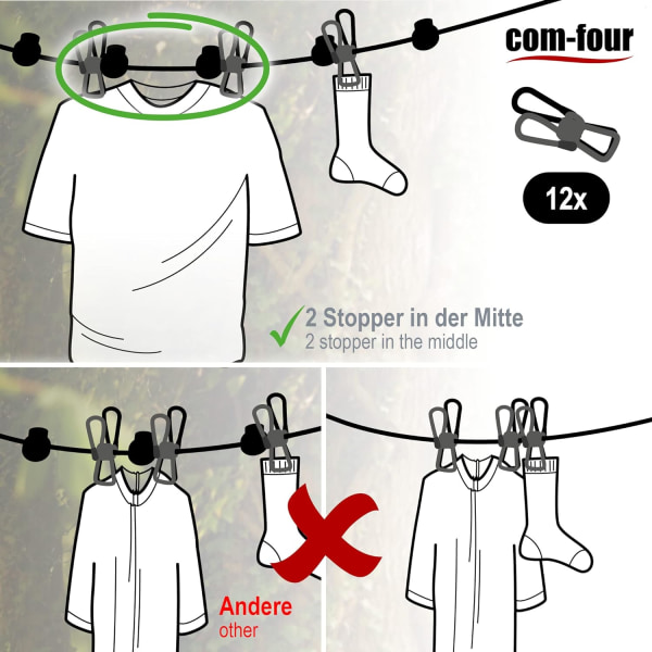 2X Klädlina - Reseklädsel med 12 pinnar vardera - Klädlina med krok - Campingklädsel - Mobil klädstreck - 1,80 m (svart/svart)