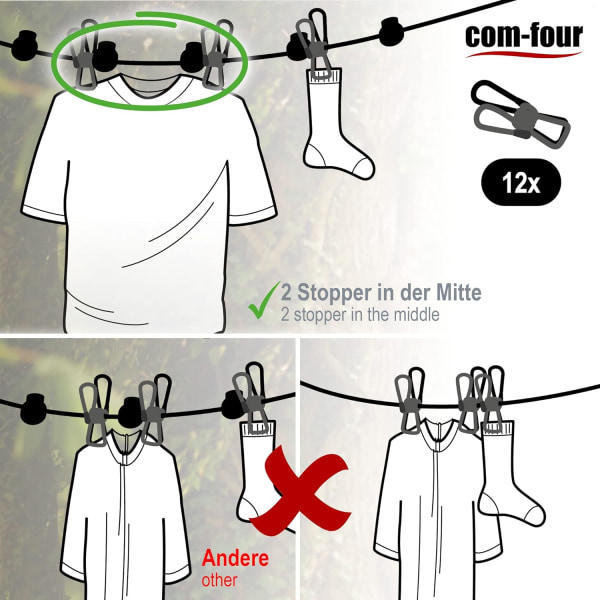 2X Tvättlina - Resetvättlina med 12 Klämmor Var - Tvättlina med Haken - Camping Tvättlina - Mobil Tvättlina - 1.80 m (Svart/Svart)