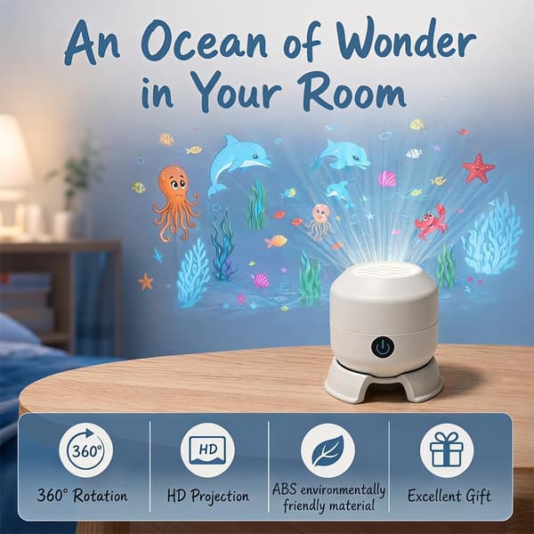 Dynamic Rotating LED Projector Lamp, 360° Rotating LED Ocean Projector, Ocean Projector for Kids, Adjustable Brightness