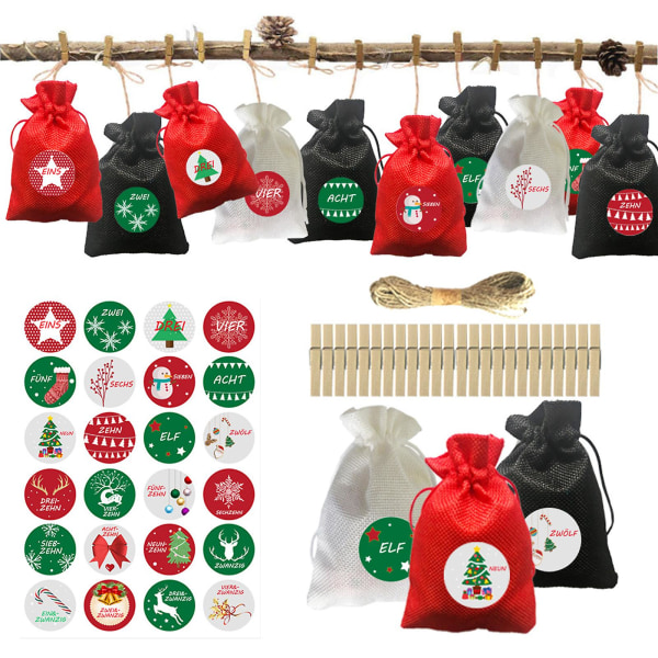 24 kpl / set joulun adventtikalenteri lahja karkkipussit tarrapidikkeellä kiristysnyörillä hääjuhlakoristeita