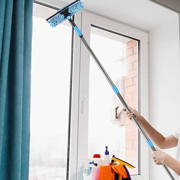 Telescopic Window Squeegee and Duster with Long Pole for High Windows, Ceilings, Furniture - Blue