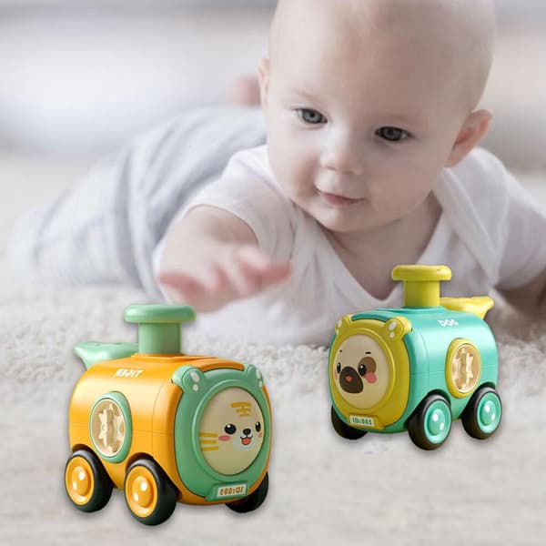 Interactive Inertia Toy Car with Whistle and Replaceable Face - Durable and Bouncy Train Track - Perfect for Boys' Playtime (Red)