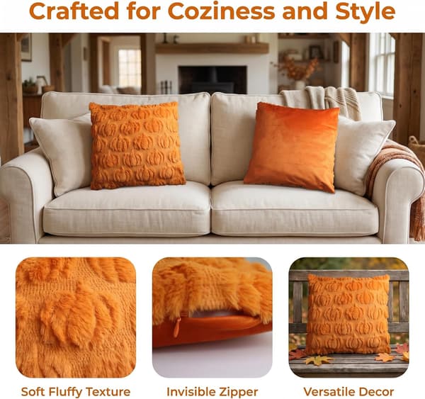 2 stk. græskar pudebetræk 45 x 45 cm, orange fluffy græskar pyntepuder, Halloween sofa dekorative efterårsdekorationer