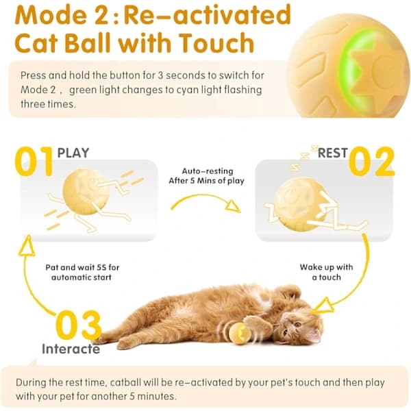 Interactive Cat Toy Ball, Automatic Rolling Cat Toys for Indoor Kitten, with 2 Modes, LED Lights Replaceable, Rechargeable, Yellow