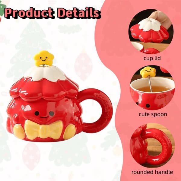 Christmas Tree Mug with Lid and Spoon, 420ml Cute Tree Shaped Mug with Bow, Festive Ceramic Coffee Mug, Christmas Gift.