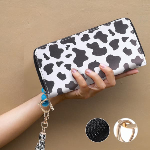 Cowhide Pattern Wallet for Women Long PU Leather Wallet with Beaded Tassel Wrist Keychain Set