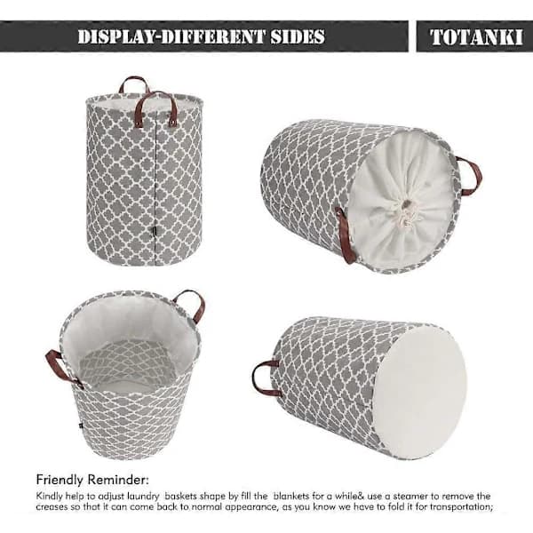 HA~60L Large Laundry Hamper with Durable Leather Handle, Thickened Waterproof Drawstring Round Foldable Laundry Basket (Grey, L)