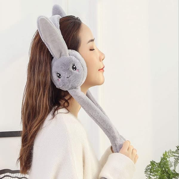 Women's Winter Plush Earmuffs, Rabbit Design with Moving Bouncing Bunny Ears, Windproof and Padded Earmuffs [Grey] Gray