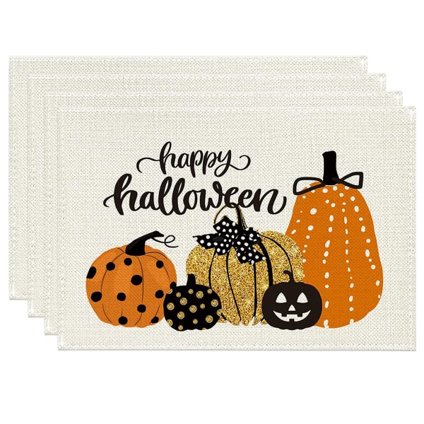 Happy Halloween dækkeservietter til spisebord, Holiday Pumpkins Vaskbar bordmåtte sæt med 4