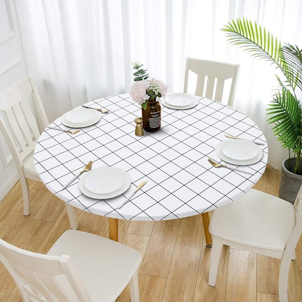 Rund bordsduk, Vattentät Elastisk Passande Bordöverdrag för 120 cm Bord, Torkbar Baksida för Picknick, Camping, Matplats