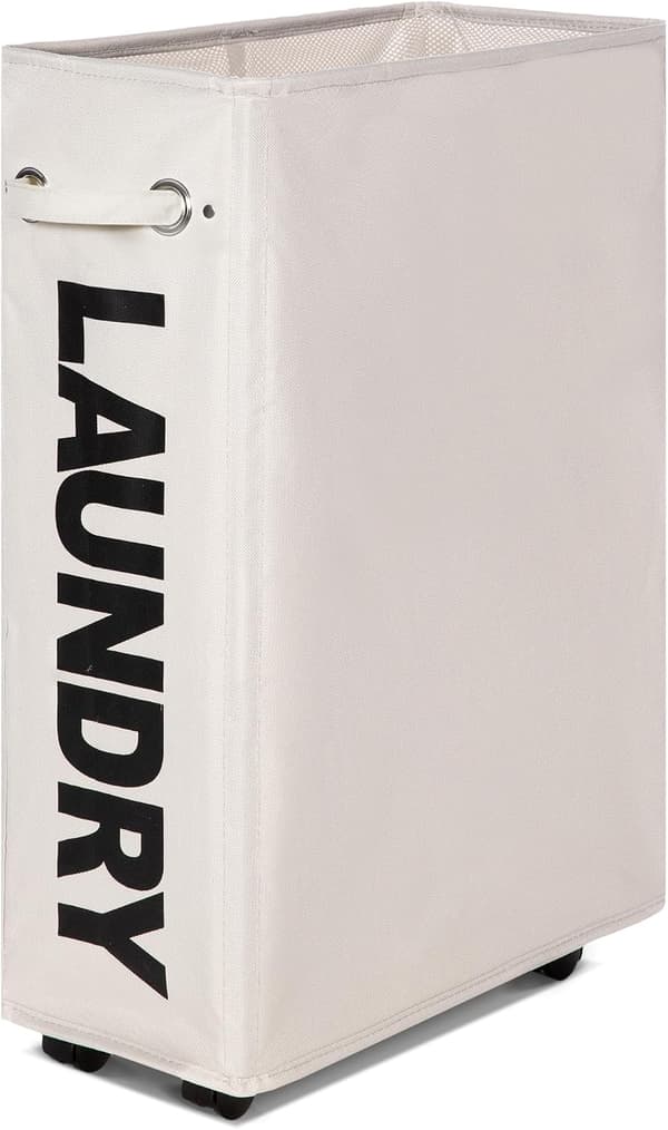 Rolling Slim Laundry Hamper with Wheels and Metal Frame, Foldable Tall Storage Bin for Corner, 15.3\" × 7.4\" × 22.4\"
