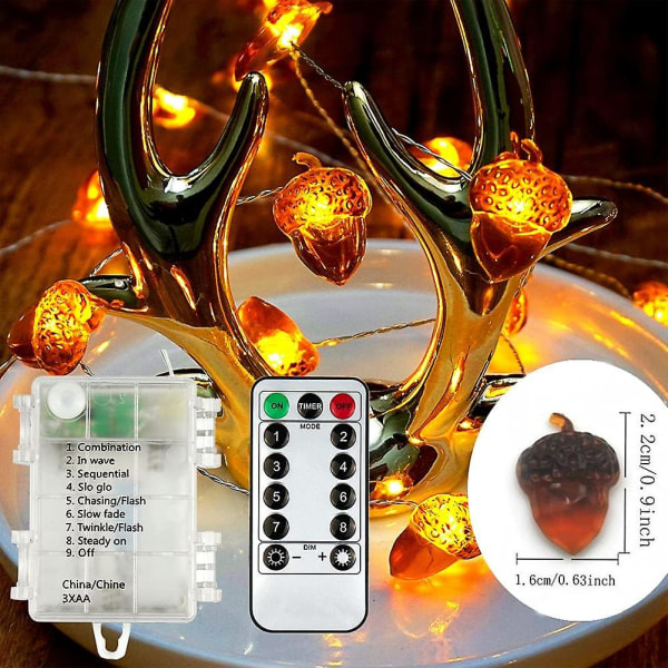 Batteridrivna Acorn Led String Lights - 20 LEDs Fairy Lights med fjärrkontroll för höst, Halloween, jul