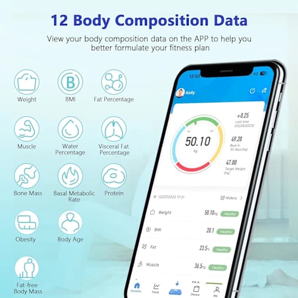 Smart Scale with Impedance Meter for iOS and Android with 12 Body Data Fat Mass and Muscles