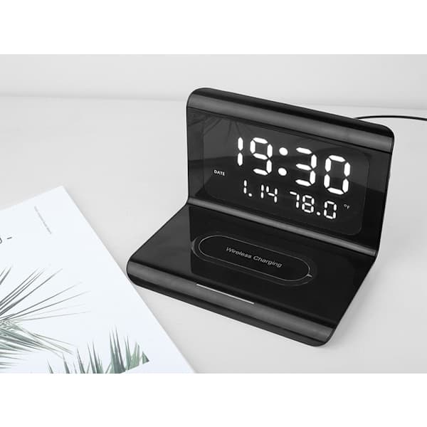 Creative Digital Alarm Clock, Wireless Charging, Multifunctional 3-in-1 Mobile Phone Wireless Charging Alarm Clock, Black