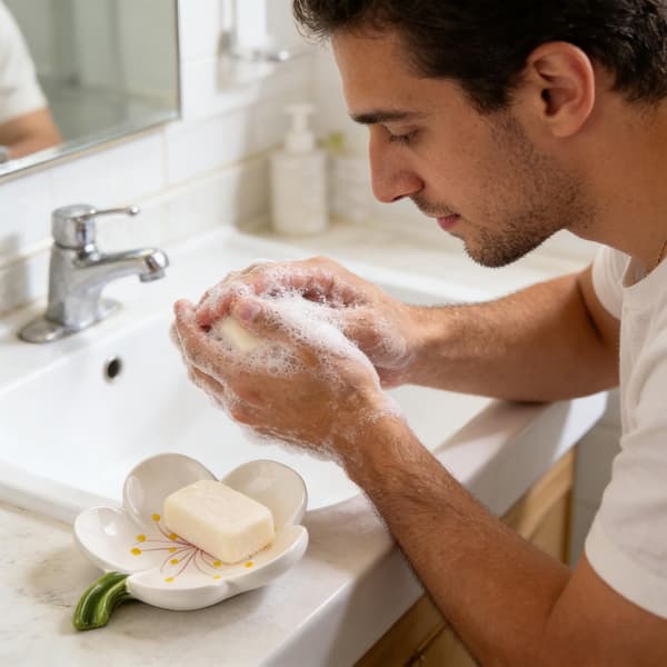 Soap Dish with Ceramic Leaves, White Ceramic Soap Dish with Elegant Patterns, Self-Draining Soap Holder, for Shower, Bathroom, Kitchen, Sink (Leaves)