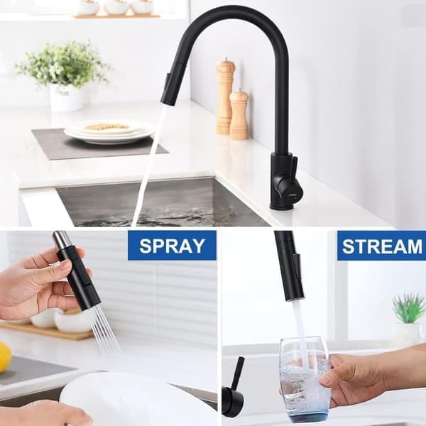 Kitchen Faucet with Pull-Out Spray, Matte Black, 360° Rotating Stainless Steel Mixer, Sink, 2 Functions