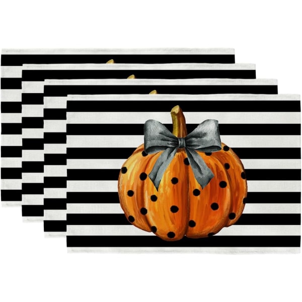 Halloween dækkeservietter sæt med 4, græskar polka prikker sæsonbestemte burlap striber Farmhouse Indendørs køkken Spisebord dekoration