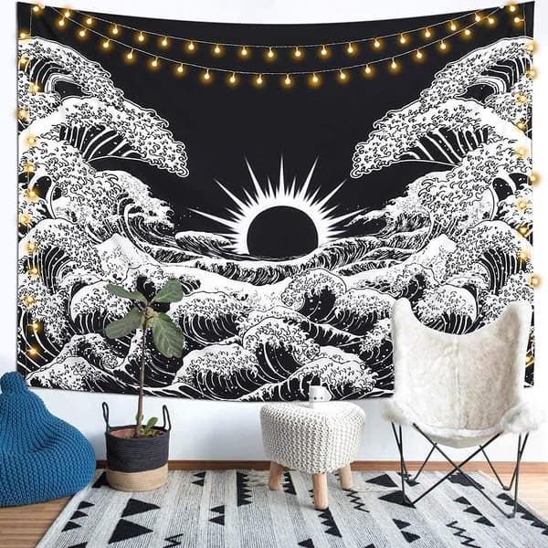 Mandala-seinävaatekuvio suuri aalto auringonlaskulla mustavalkoinen