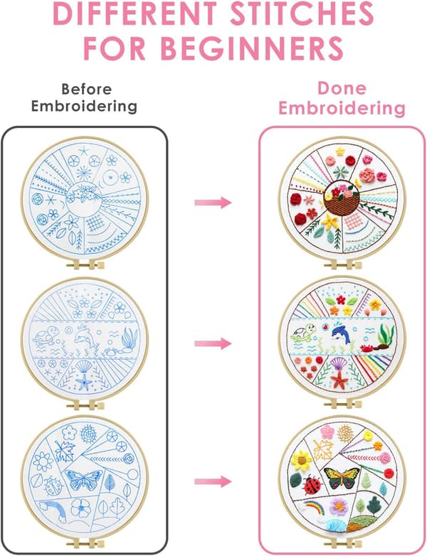 3-pack Embroidery Stitch Practice Kit Animal Embroidery Kit for Beginners Includes Embroidery Fabric, Hoops, Threads for Hobby Enthusiasts