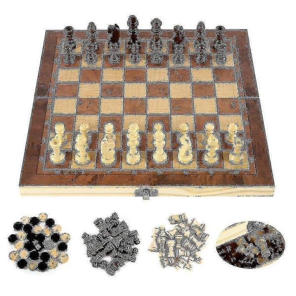This 3-in-1 wooden chess set includes international backgammon, a checkers game, a puzzle game, and a foldable chessboard.