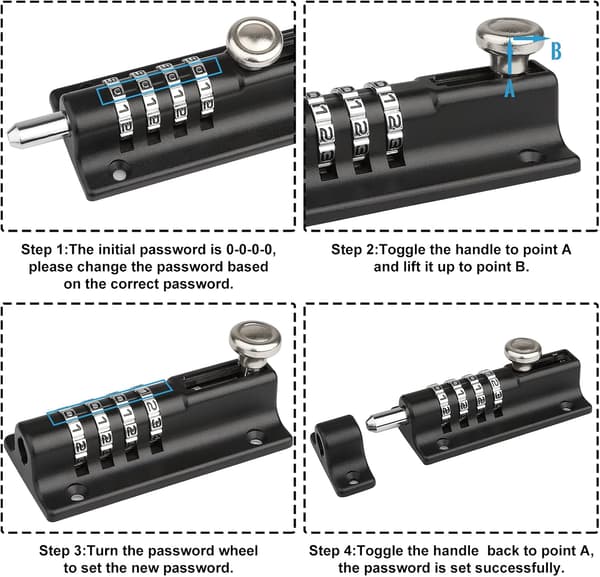 Combination Lock, 120mm Combi-Bolt 4-Digit Unique Combination Lock, Thickened Solid Zinc Alloy Door Lock (Black)