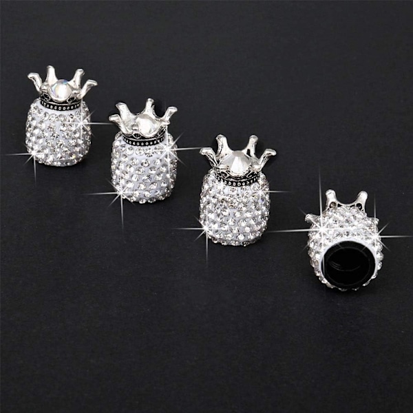 Ventilhatte, 4 stk. Håndlavede Krystal Rhinestone Universelle Bil Dækventilhatte, Attraktive Støvsikre Bling Biltilbehør - Hvid Diamantkrone