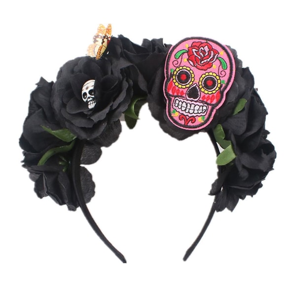 Halloween Faux Rose Blomster Hodebånd Broderi Skalle 3d Butterfly Crown Krans Dødedagen Headpi