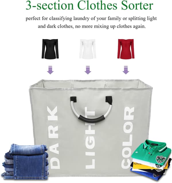 Laundry Baskets, Foldable Laundry Bag with 3 Compartments, Foldable Laundry Hamper in Durable Oxford Fabric for Bedroom, Light Grey
