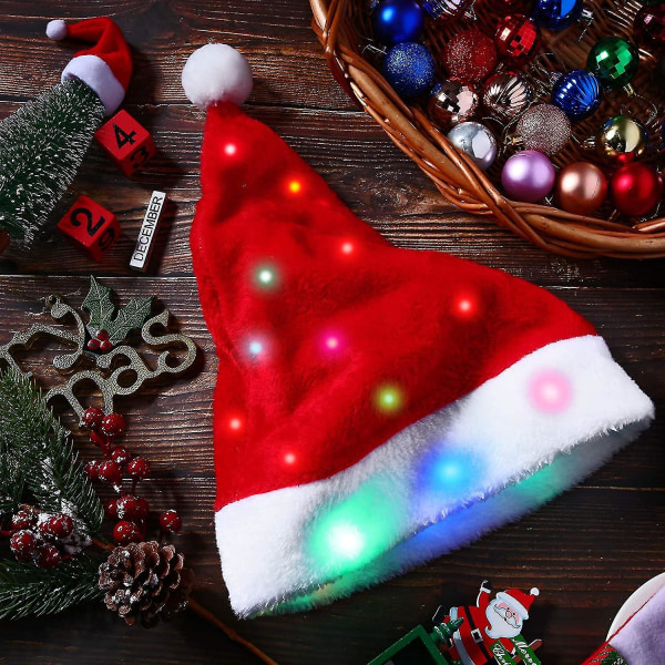 Julehatt med LED-lys Morsom nisselue Plysj imitert pels julehatt med 20 fast lys opp farge 1 stk.