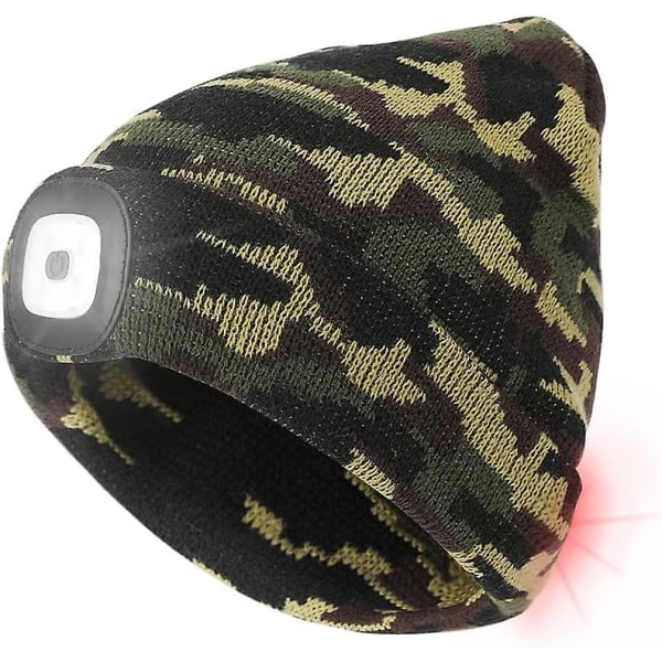 Hue med lys og rødt advarselslys, USB-genopladelig LED-belyst hue med 3 lysstyrkeindstillinger, håndfri pandelampehue (camouflage)