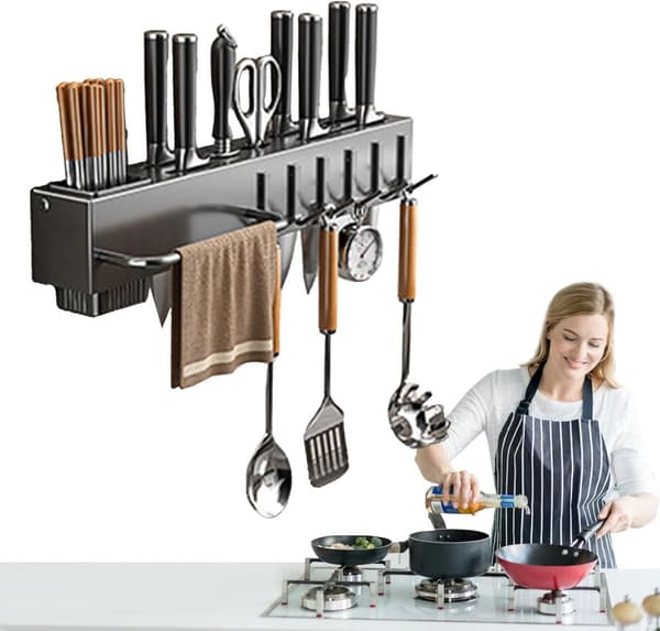 Wall-mounted drill-free kitchen utensil holder - chopstick storage, knife hook, space-saving