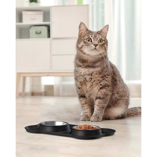 Small Cat and Dog Bowl Double Bowl with Silicone Mat Cat Bowl 36*21 cm Black
