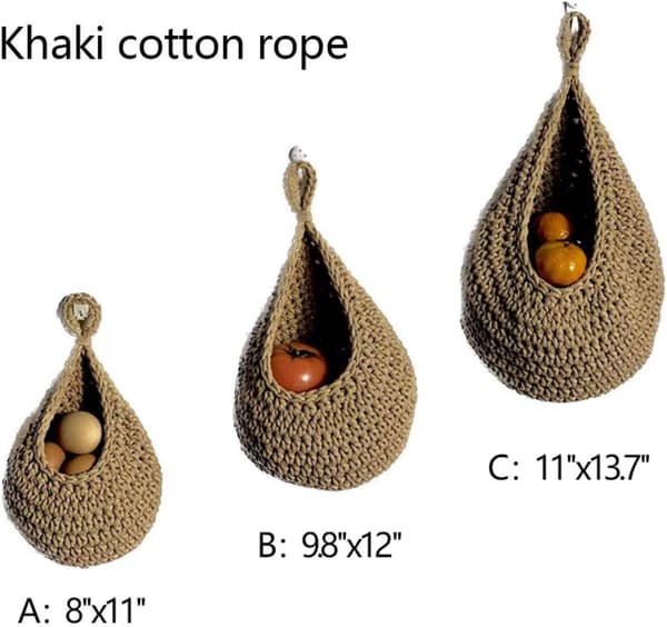 Väggmonterad köksfruktkorg i vävd design. Set med tre khaki bomullsrep fruktkorgar för väggmontering av grönsaker