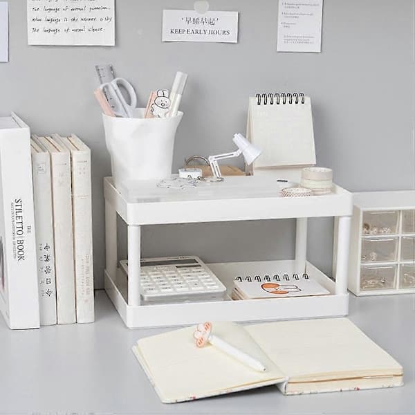 PC Simple Storage Shelf Double Layer Shelf Desk Stand for Office Supplies (White)
