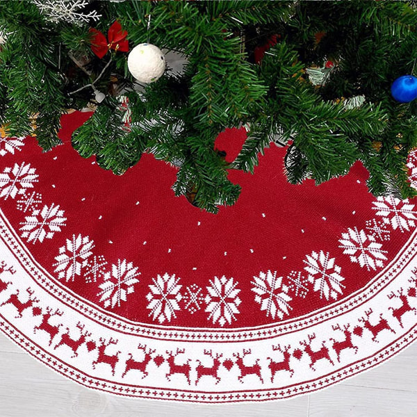 Juletreskjørt, 48 tommers juletrestativdeksel, strikket rødt snøfnugg hjort juletreskjørt til hjemmefest Juleferiedekorasjoner