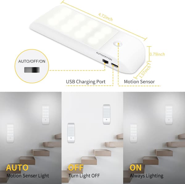 Automatisk lys, bærbar bevegelsessensorlys, 3-modus nattlys 12 LED USB-oppladbart varmt lys