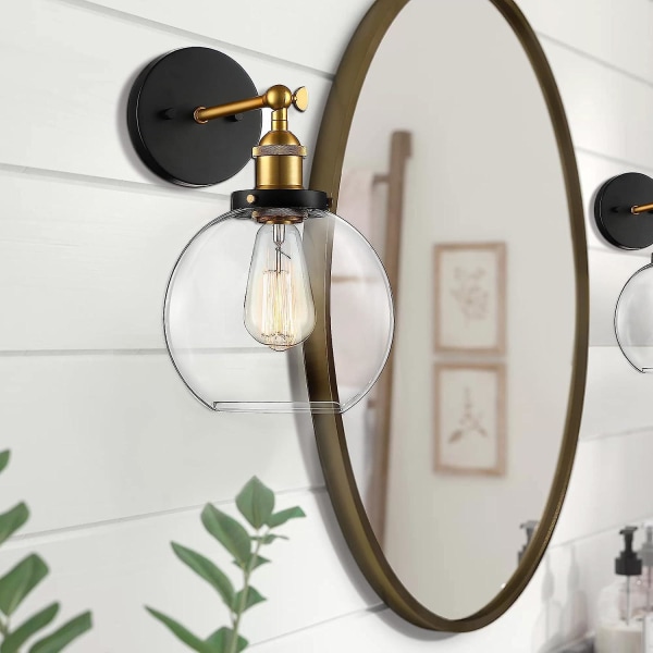 1-ljus Globe vägglampa svart och guld antik mässing 8 rund gungarm av klart glas Modern vintage industriell badrumslampa sminklampa in