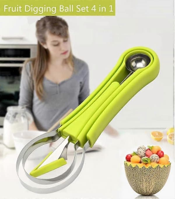 Melon Baller Scoop Set, Profesjonell 4 i 1 Vannmelonkutter i Rustfritt Stål Fruktskjærer Frøfjerner Separator