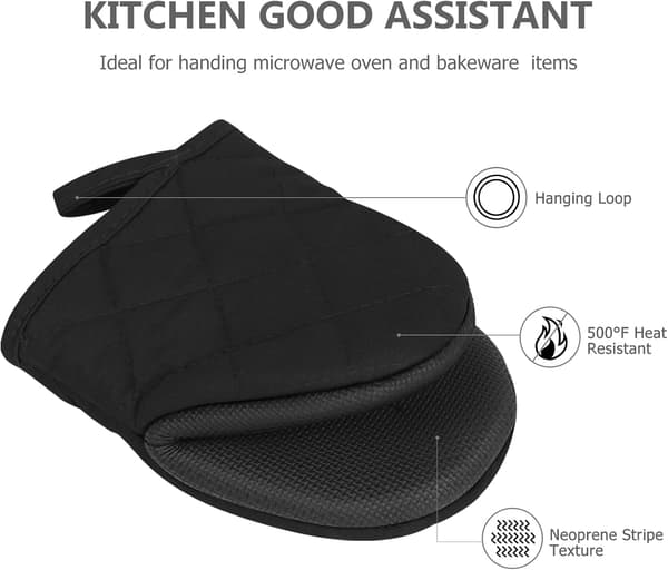 Heat Resistant Mini Oven Mitts with Non-Slip Grip and Hanging Loop for Baking, Cooking, Grilling - Black