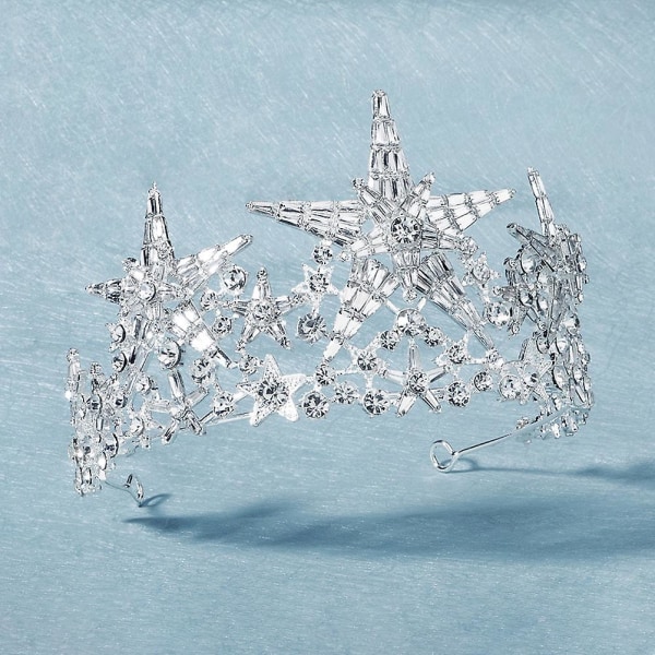 Rhinestone Hårtillbehör Bröllop Tiara Kronor Stjärna Hår Bröllop Hår Tiara Rhinestone Brud Huvud Silver 14x8cm