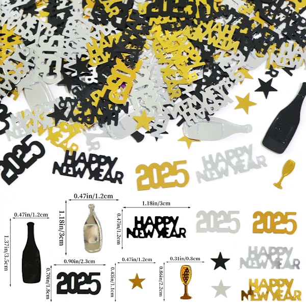 2025 Konfettisateli Happy New Year, scrapbookingia tai käsitöitä varten, täytettä kirkkaisiin lahjapakkauksiin/pulloihin tai kutsukortteihin koristeeksi