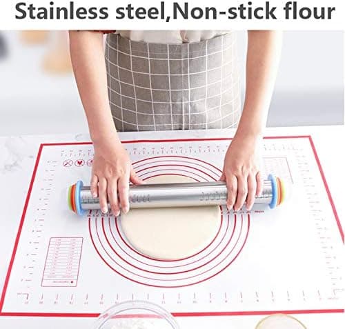 Non-Stick Rolling Pin, Stainless Steel Rolling Pin with Adjustable Discs and Measurement Markings Silicone Baking Mat