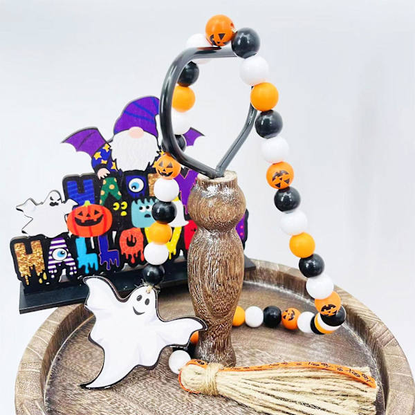Halloween-pynt med treperler og frynser, gresskar og skummel skål, landlig stil C