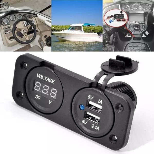 (Hvit) DC LED Digital Voltmeter, Dobbel 2 USB-port Lader for Bil