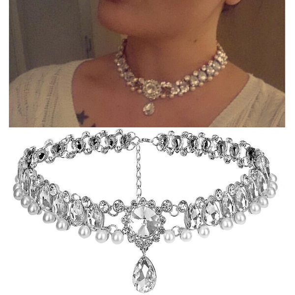 Elegantti kaulakorun riipus, keinotekoinen helmi ja strassit helmiä choker kaulakoru naisille (hopea)Hopea