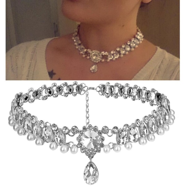 Elegantti kaulakorun riipus, keinotekoinen helmi ja strassit helmiä choker kaulakoru naisille (hopea)Hopea Silver