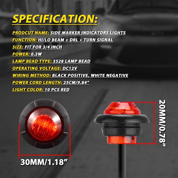 3/4\" Pyöreät LED-etumatkat, takamatkat ja sivuvilkut Vedenpitävä merkkivalo 12V autoille ja kuorma-autoille (10 kpl punainen)