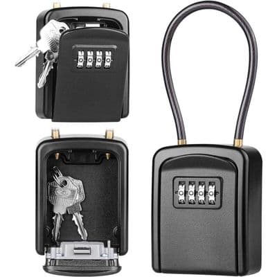 Metal Key Cabinet with Cable, Secure Key Safe with 4-Digit Combination Lock, Waterproof for Outdoor Use, Black