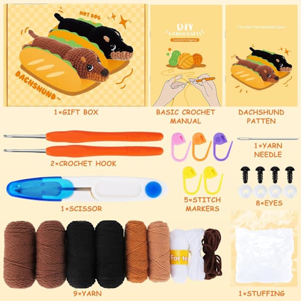 Crochet Kit for Beginners, Complete Dachshund Crochet Animal Kit with Yarn Needles, Step-by-Step Video Tutorial