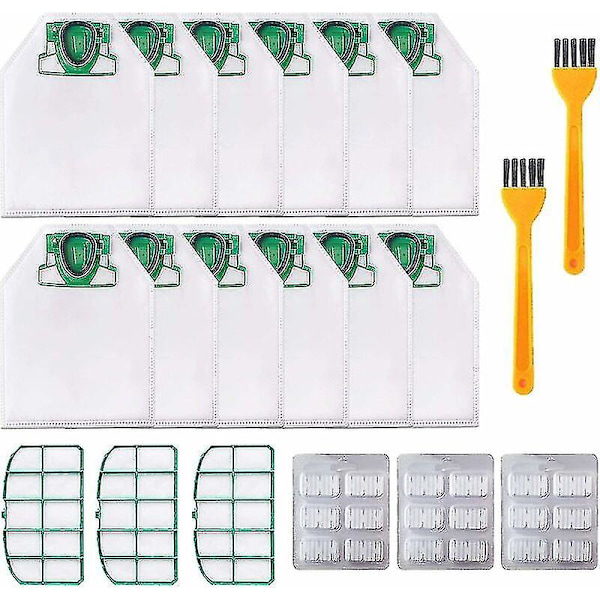 12 poser til Vorwerk Kobold Vk200 Fp200 støvsuger med 3 x motorfiltre, 18 x duftchips, 2 x børster, erstatningsposer til Kobold Vk200 Fp200